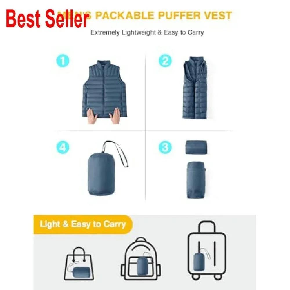 Lightweight Packable Puffer Vest Sleeveless Jacket for Golf Hiking Travel